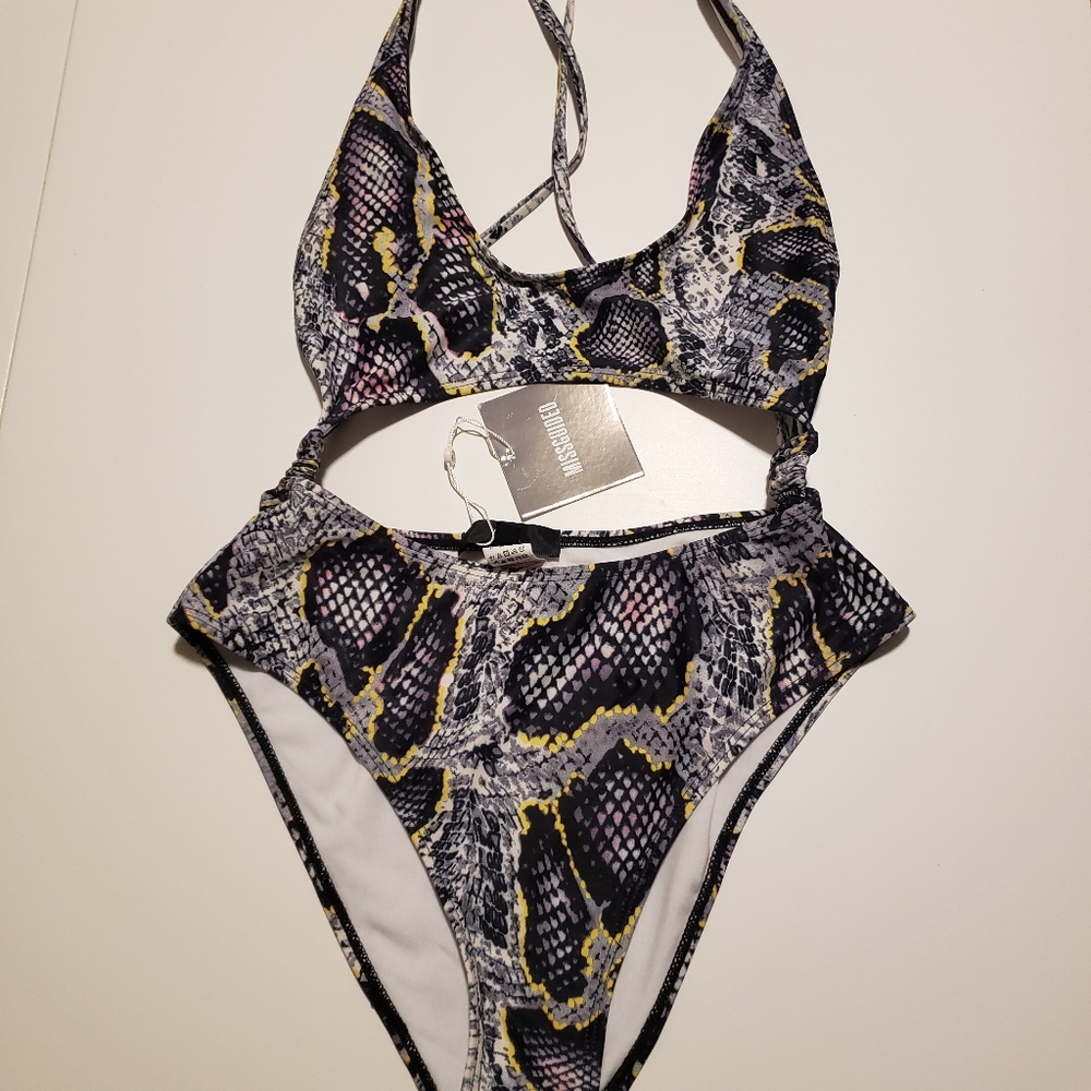 Missguided gray snake print extreme cut out front swimsuit